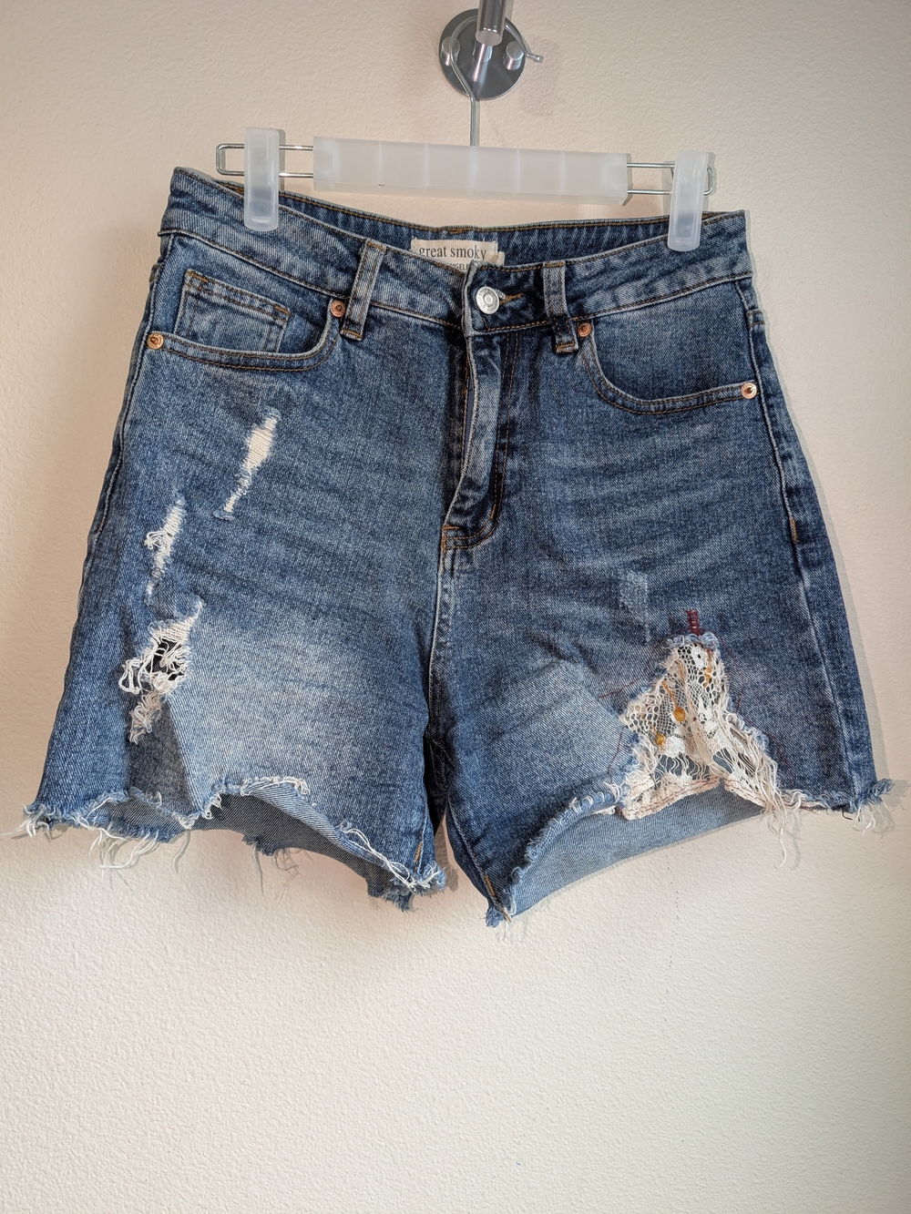 Great Smoky Distressed High-Rise Denim Shorts With Lace Detailing Size M